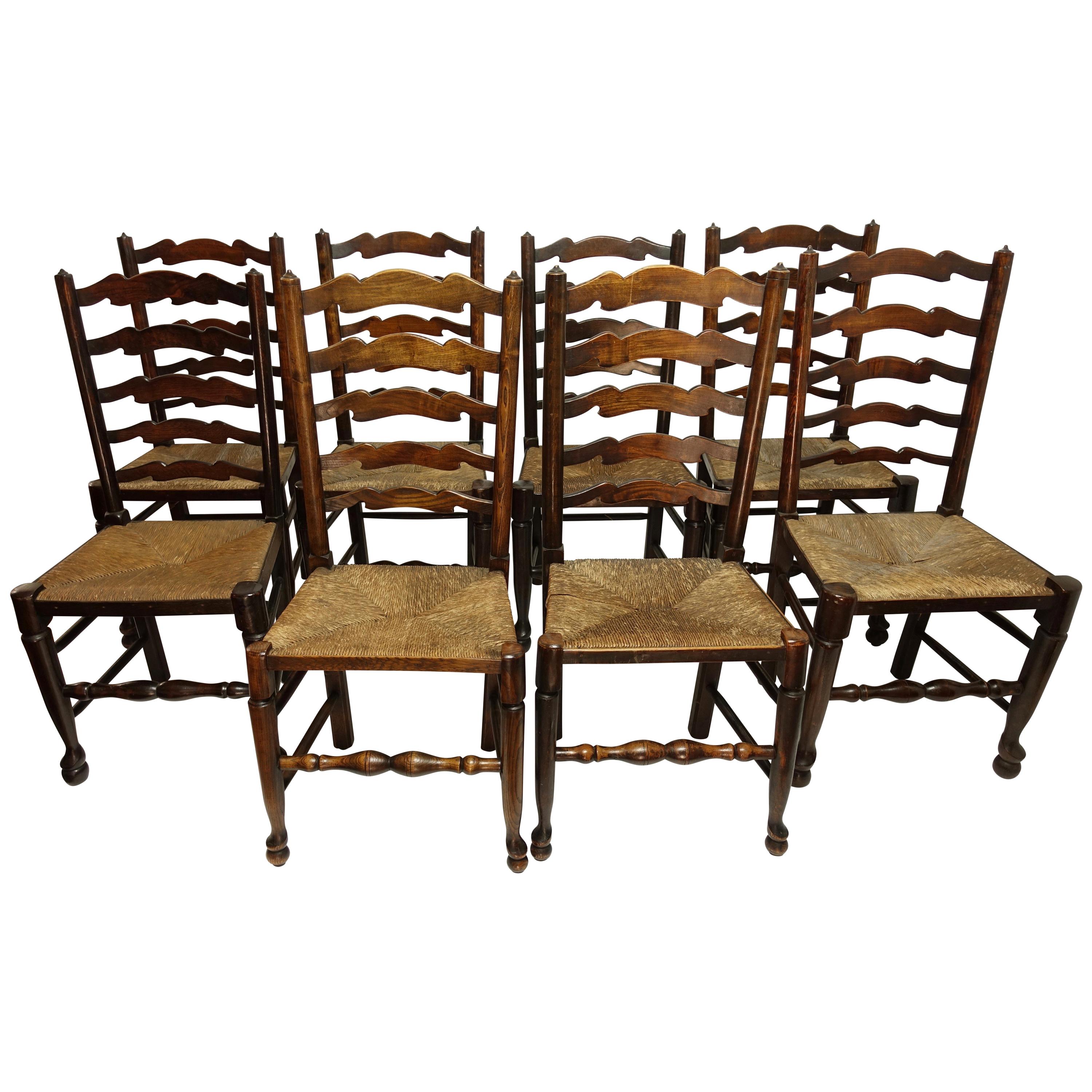 Eight Elmwood Lancashire Ladder Back Dining Chairs, English Early 20th Century