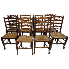 Eight Elmwood Lancashire Ladder Back Dining Chairs, English Early 20th Century