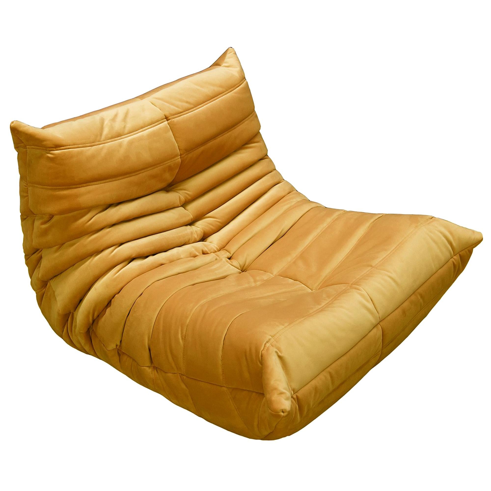 Togo Longue Chair in Golden Yellow Velvet by Michel Ducaroy, Ligne Roset For Sale