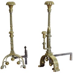 Pair of French Baroque Style Cast Brass Andirons, 2nd Half 19th Century