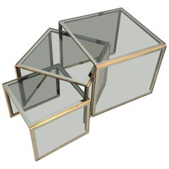 Smoked Glass Nesting Tables with Brass Frames and Mirrored Edges, Italy, 1980s