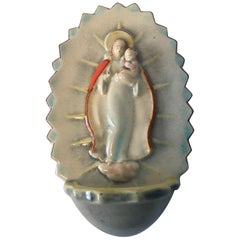 Karlsruhe Majolika Ceramic Holy Water Font Virgin Mary by Max Heinze, 1940s