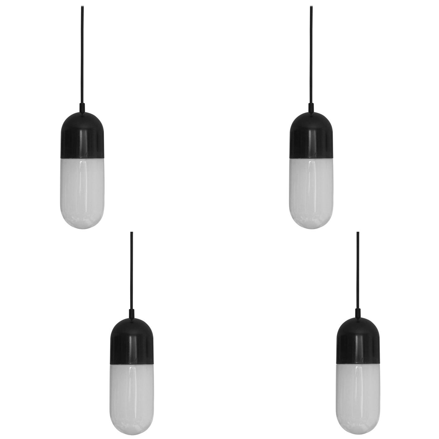 Set of Four Peill & Putzler Pendant Lamp, Opal Glass and Metal, Germany, 1960s