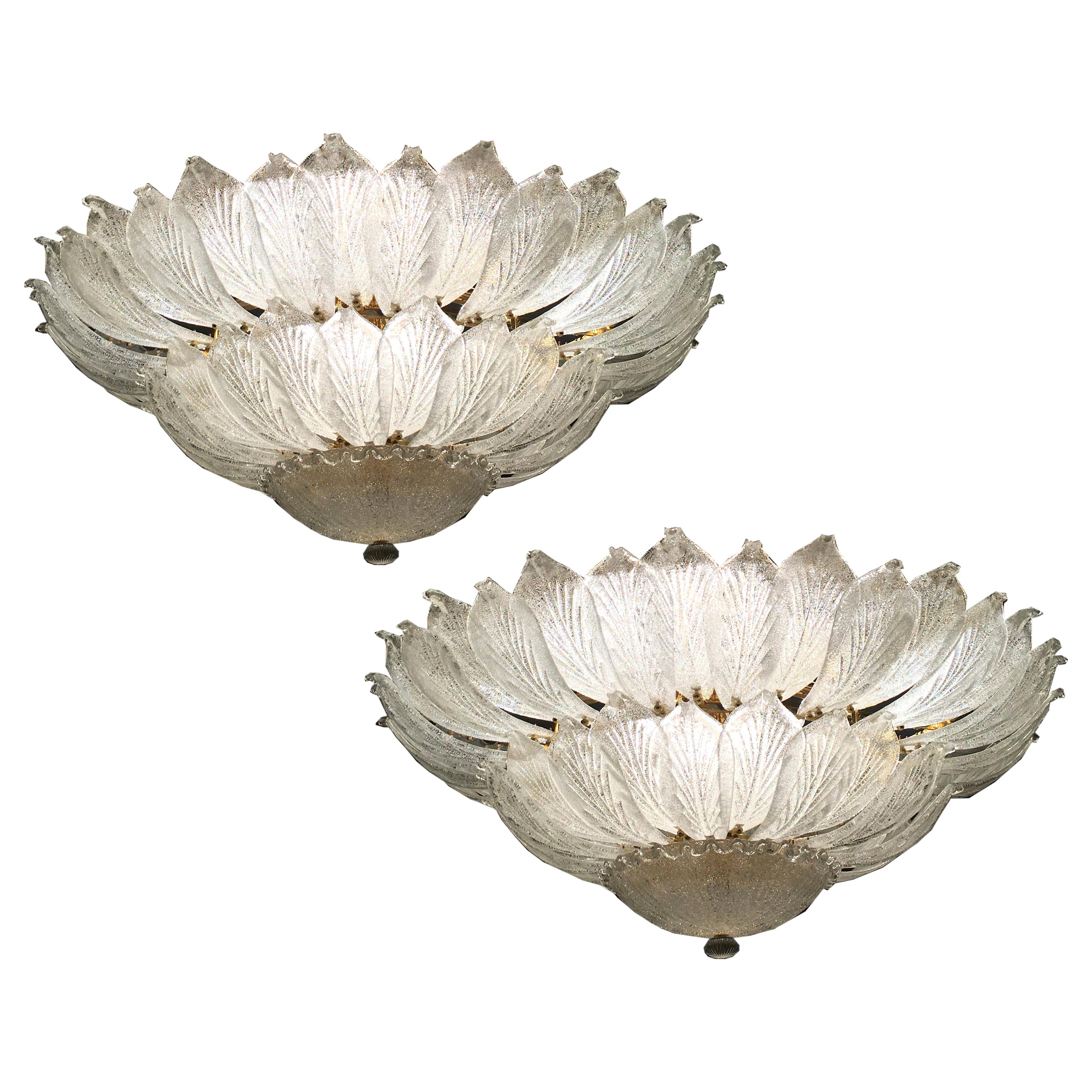 Pair of Italian Murano Glass Leave Flush Mount Chandelier For Sale