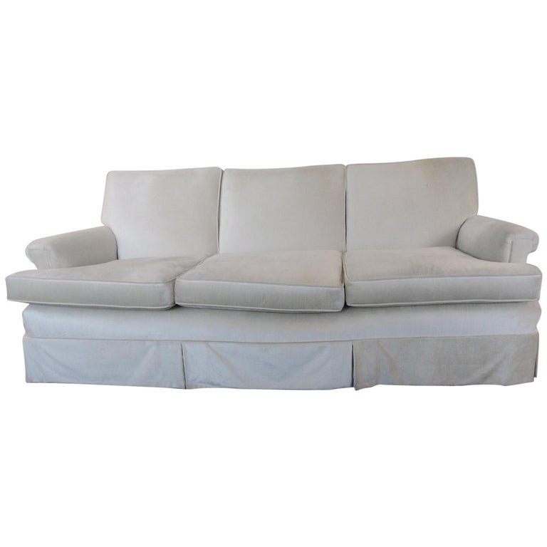 Vintage MidCentury Modern Long Three Cushion Velvet Upholstered Sofa