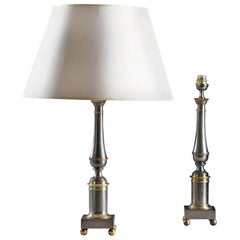 Pair of French Steel and Brass Metal Table Lamps Attributed to Gilbert Poillerat