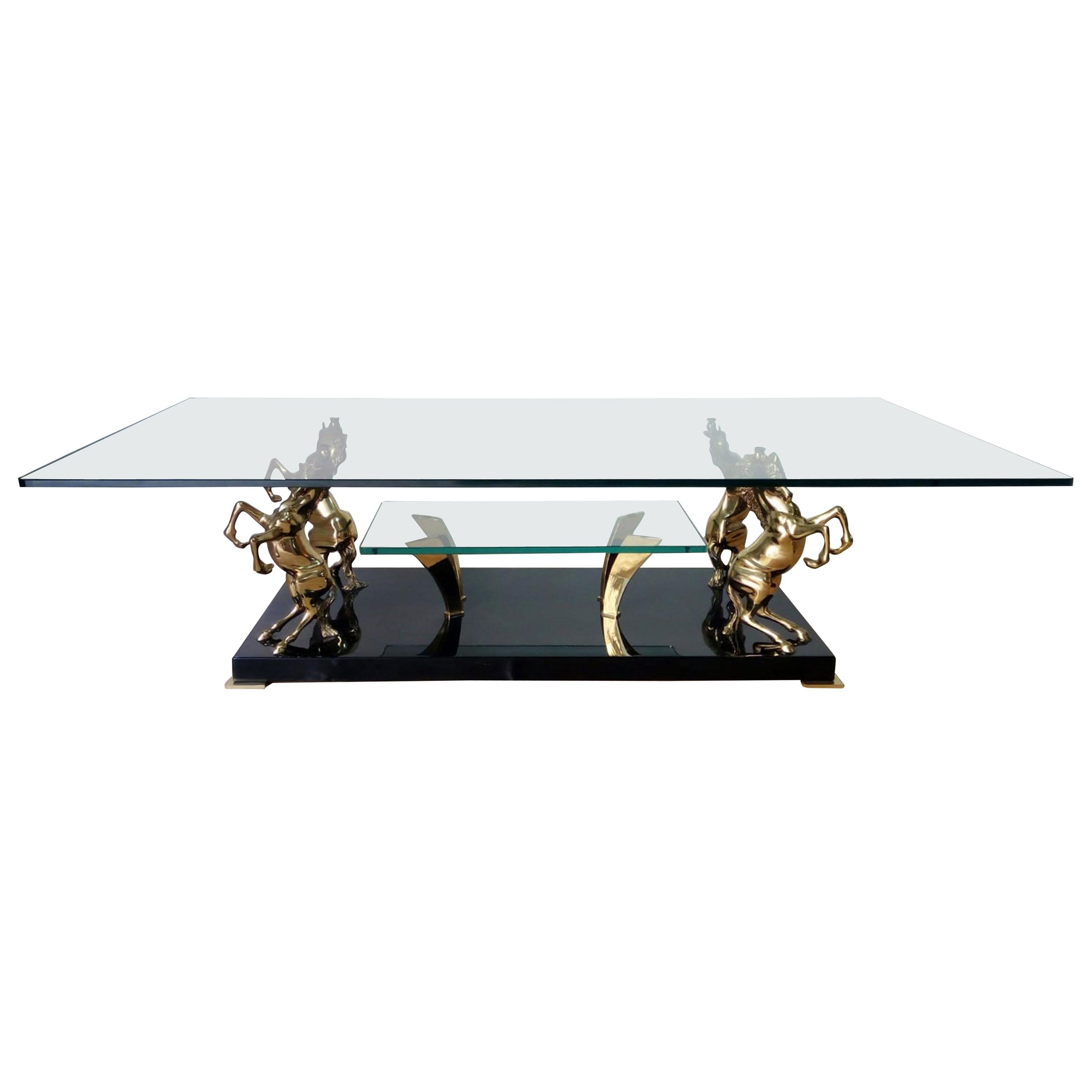 Maison Charles Mid-Century Modern Brass Horsed French Coffee Table, 1970s