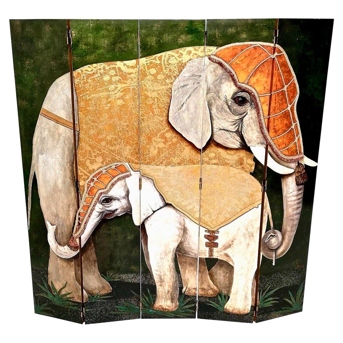 Postmodern Five-Panel Room Divider by Doro with Two Asiatic Elephants, Italy For Sale