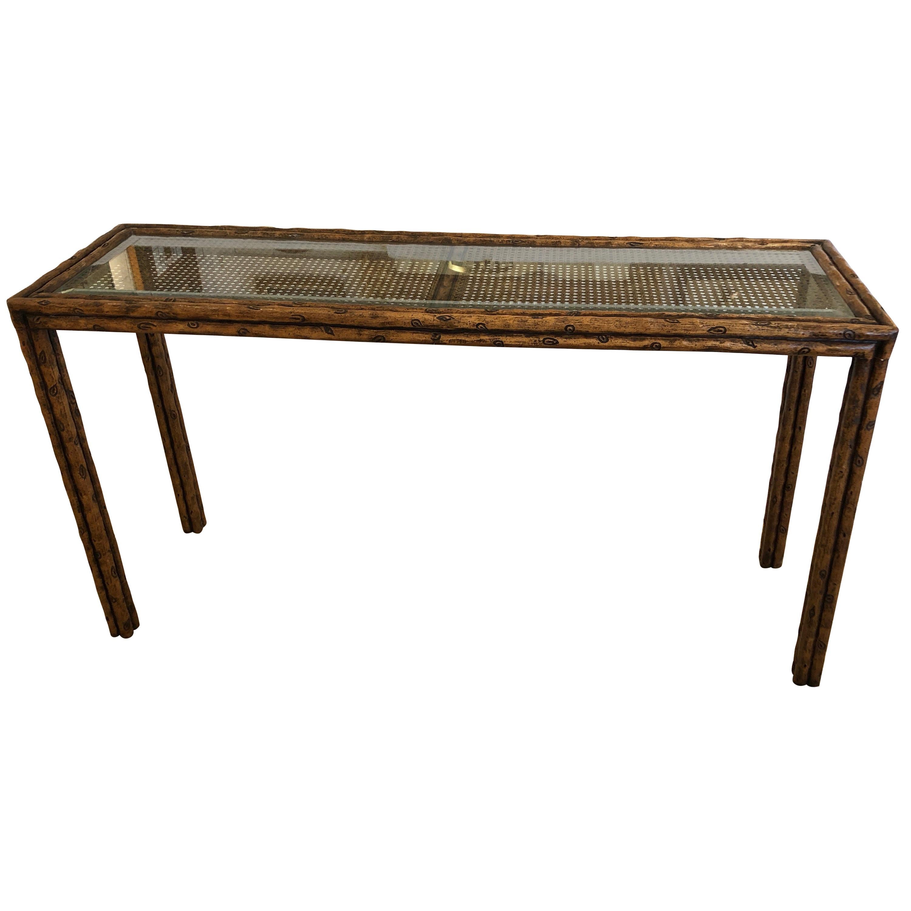 Handsome Mid-Century Modern Faux Bois and Caned Console Table