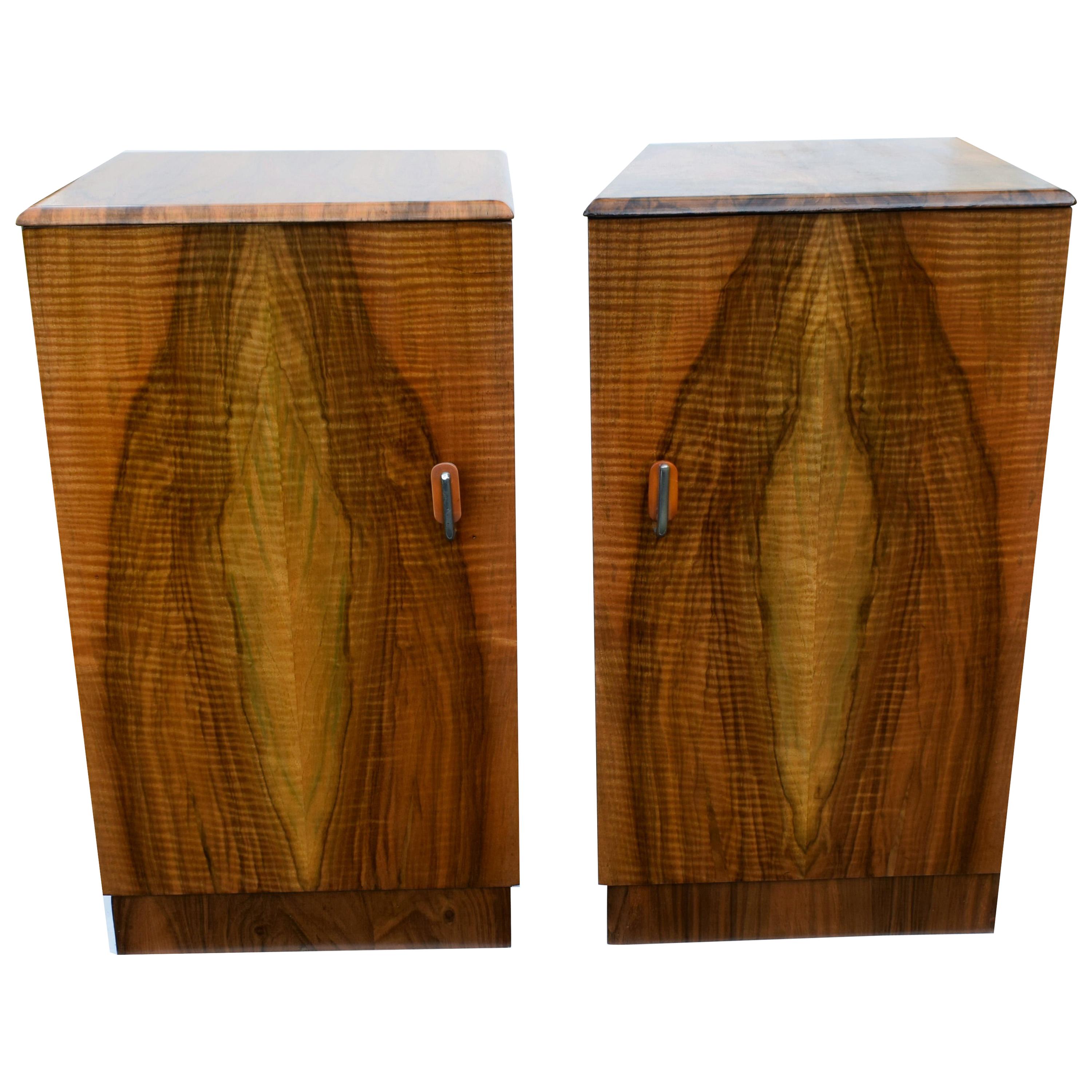 Matching Pair of Art Deco Walnut Bedside Table Cabinets