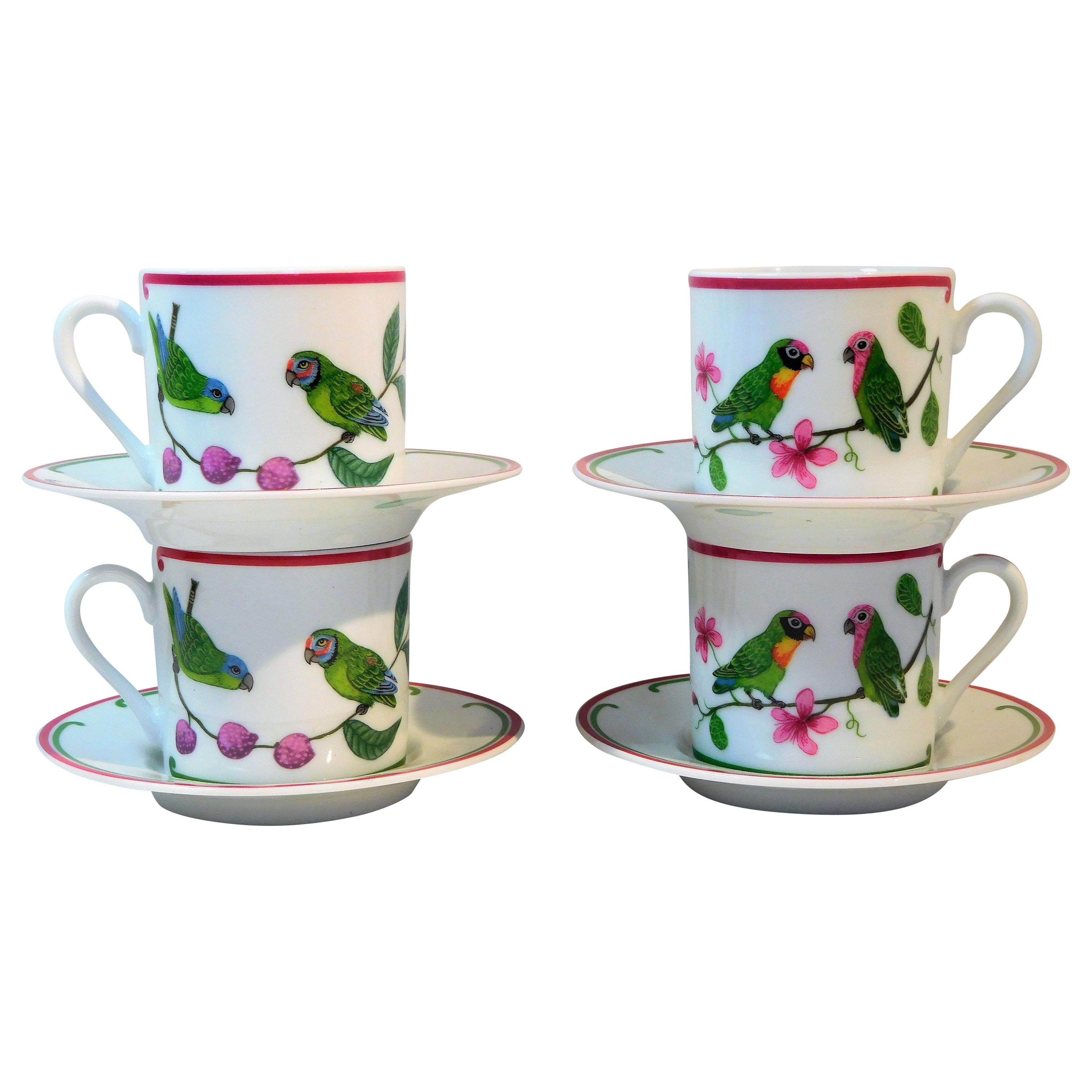 Lynn Chase "Parrots of Paradise" Set of 4 Porcelain Espresso Cups and Saucers For Sale
