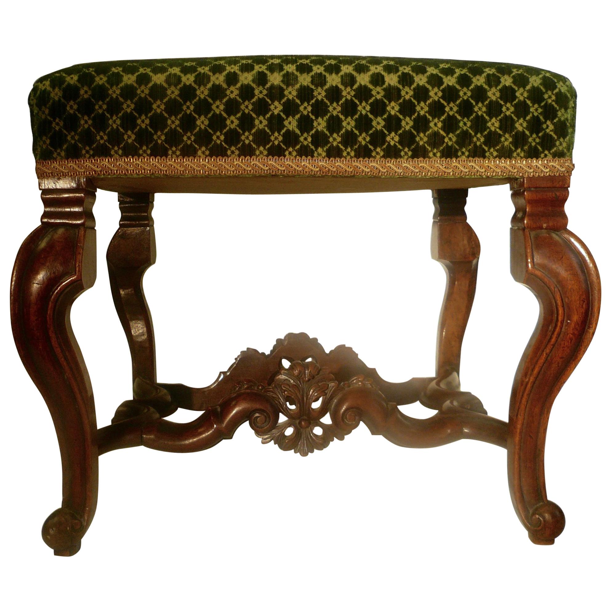 Pair of English Baroque Carved Walnut, William and Mary Upholstered Benches