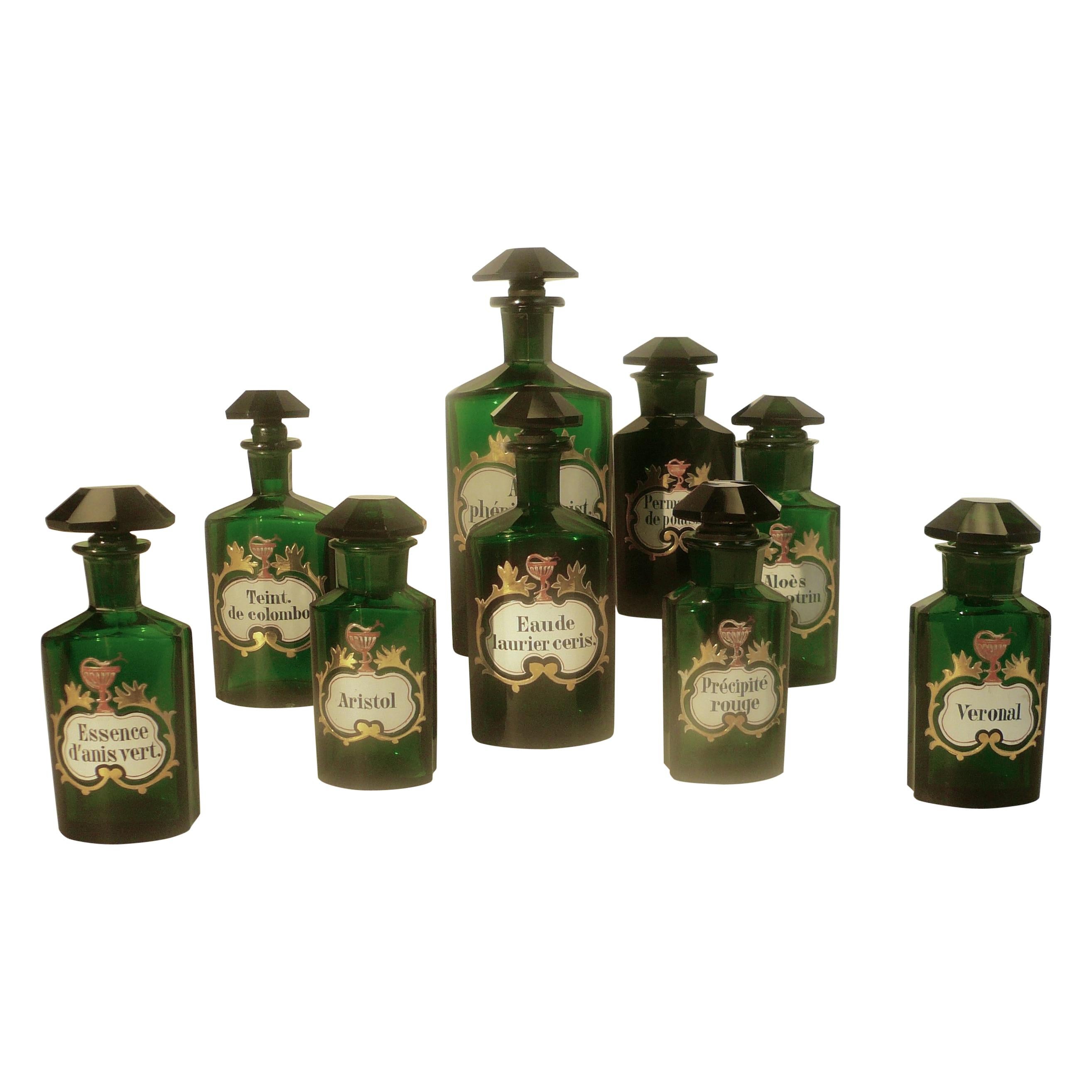 Collection of 19th Century Green Cut Glass Apothecary Bottles