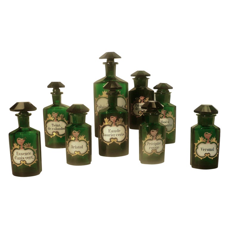 Collection of 19th Century Green Cut Glass Apothecary Bottles at 1stDibs