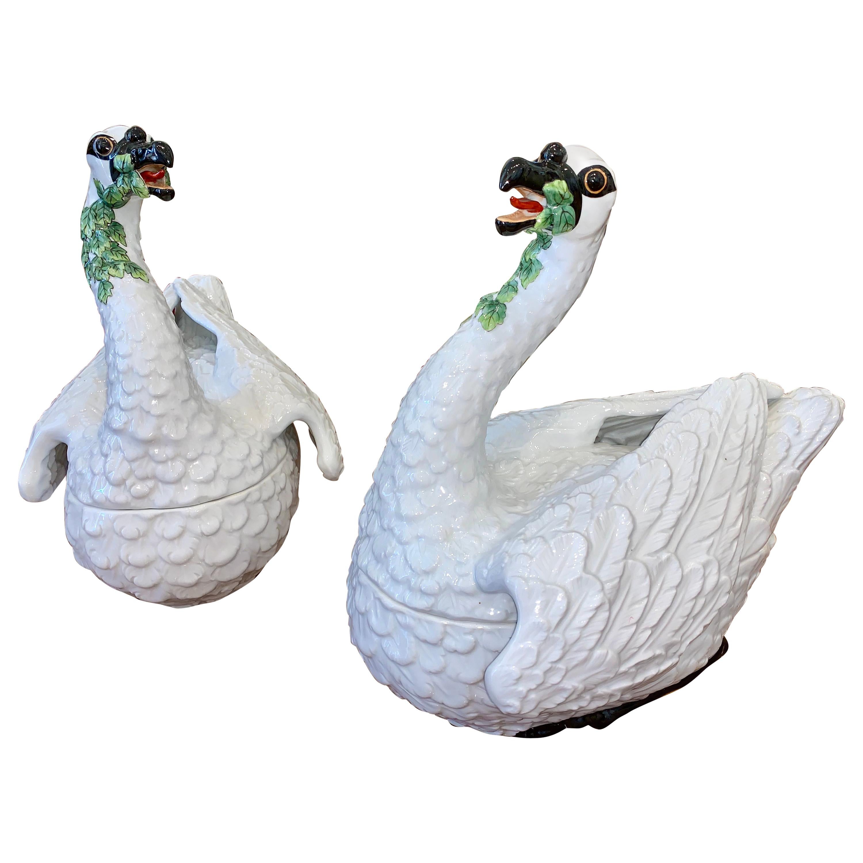 Pair of Limited Edition Porcelain Swan Tureens in Meissen Style For Sale