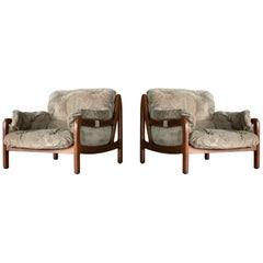 Danish Midcentury Percival Lafer Style Lounge Chairs in Beige Suede and Teak