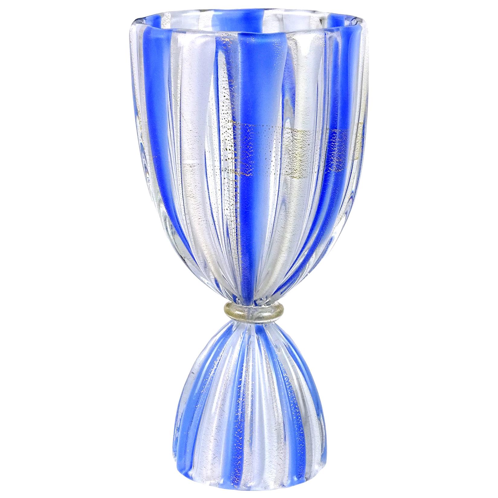 Salviati Murano Blue White Stripes Gold Flecks Corset Italian Art Glass Vase