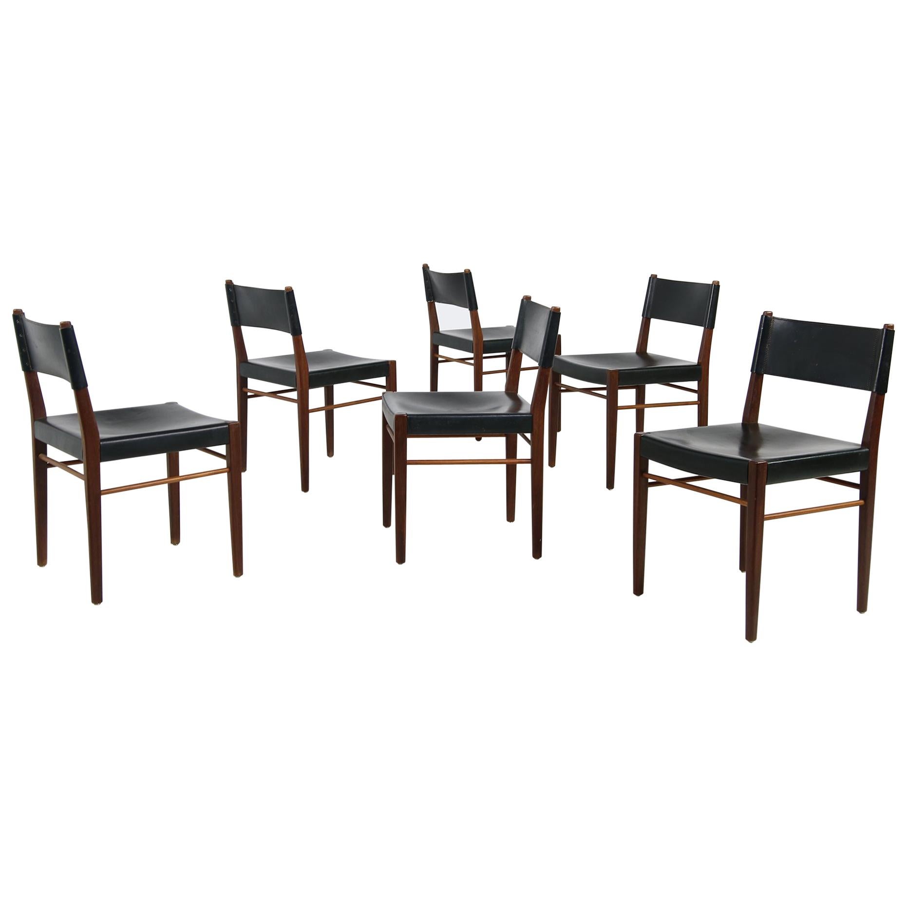 Set of Six Rare 1950s Helmut Magg Dining Chairs Teak and Leather Mod. 3024 WK For Sale