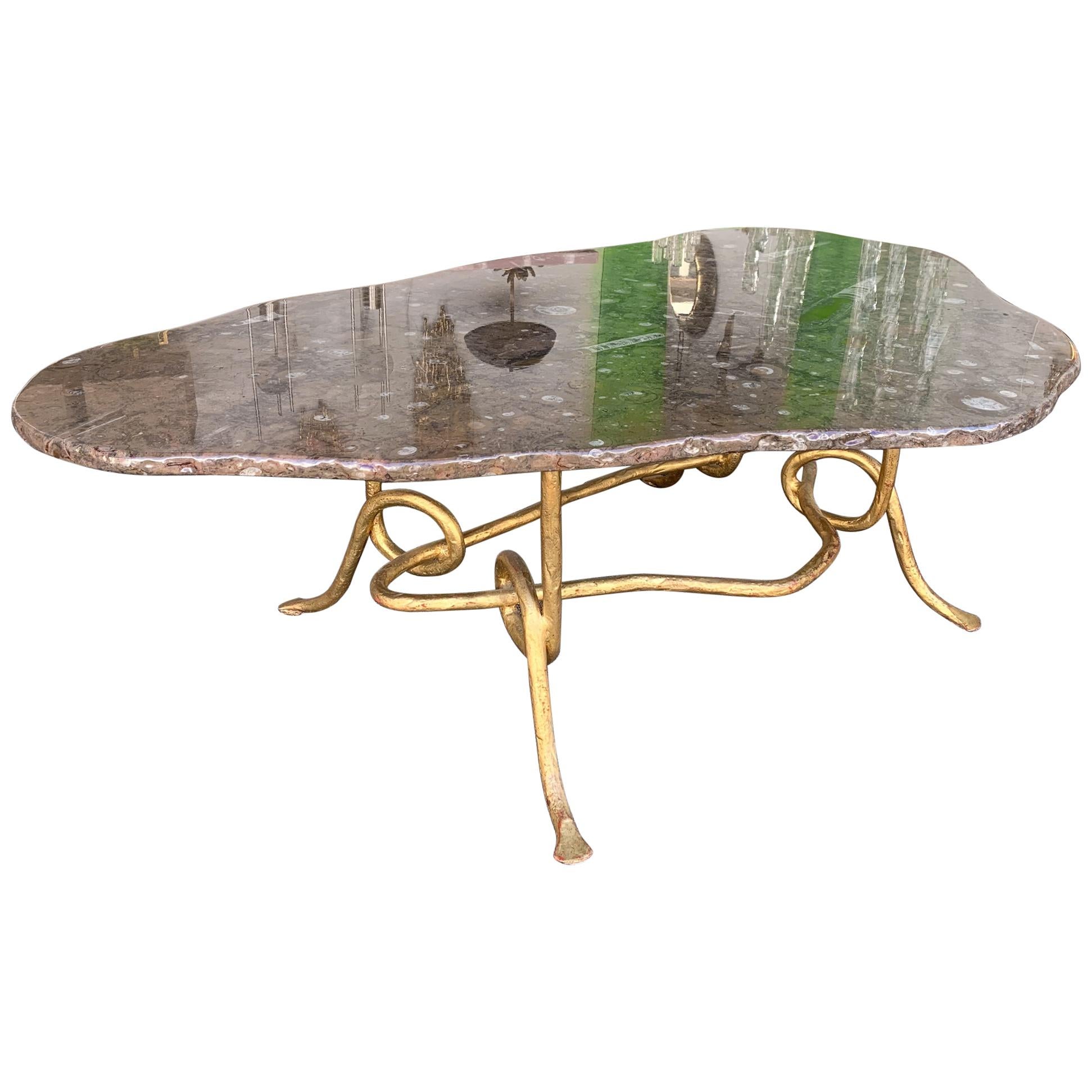 Coffee Table Gilt Iron Fossil Stone Top by Pinguaud, France, 1980s