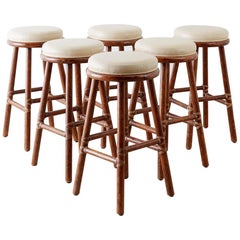 Vintage Set of Six McGuire Bamboo Rattan Leather Barstools