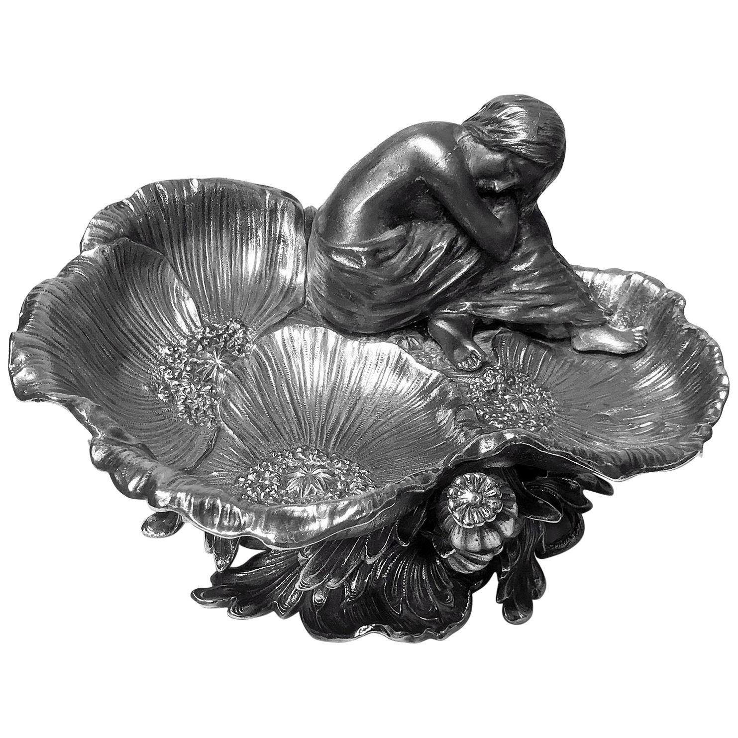 Art Nouveau Silvered Poppy Centrepiece Vide-Poche, French, circa 1900