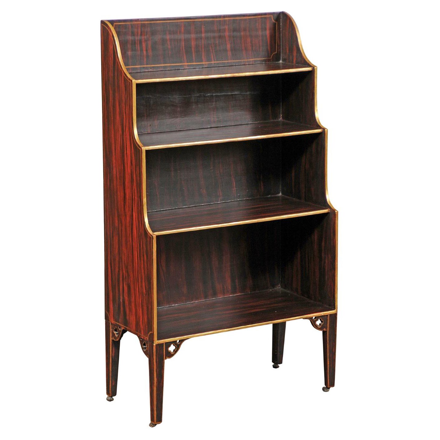 English 1850s Faux-Painted Waterfall Bookcase with Gilt Accents and Tapered Legs For Sale