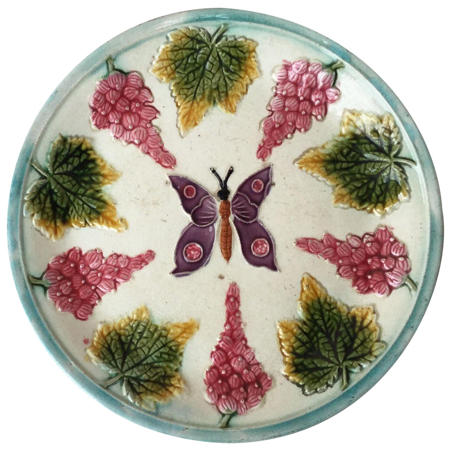 Majolica Plate with Butterfly and Fruits, circa 1890 For Sale