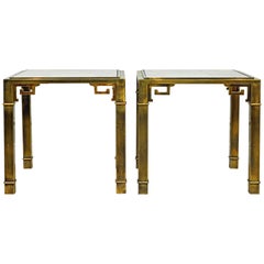 Pair of Mid Century Vintage Mastercraft Greek Key Brass and Glass Top End Tables