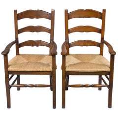 Pair of Solid Oak Rush Seat Ladder Back Dining Room Armchairs