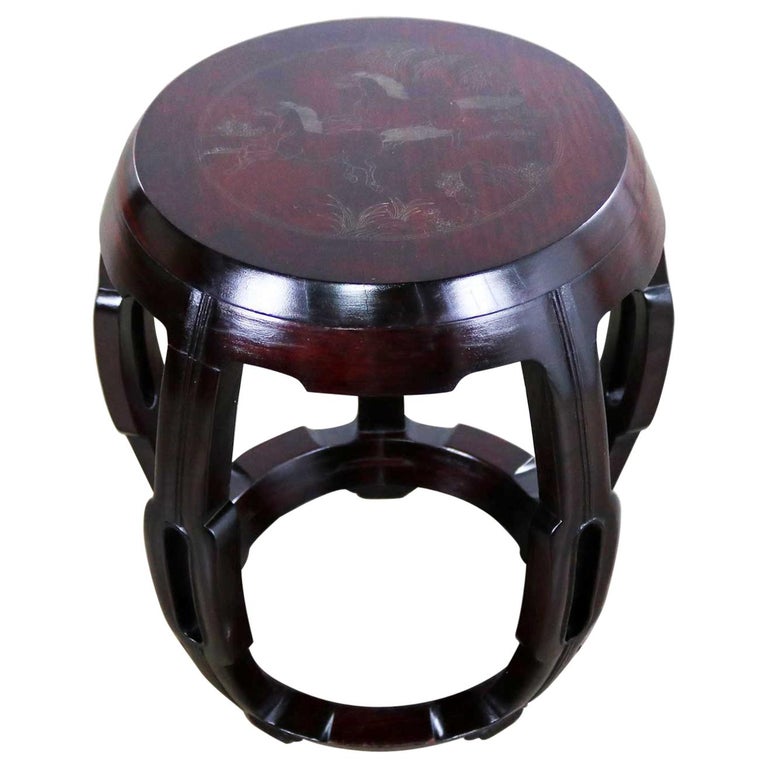 Vintage Asian Rosewood Garden Stool Barrel Drum Table with Brass Inlaid  Design For Sale at 1stDibs