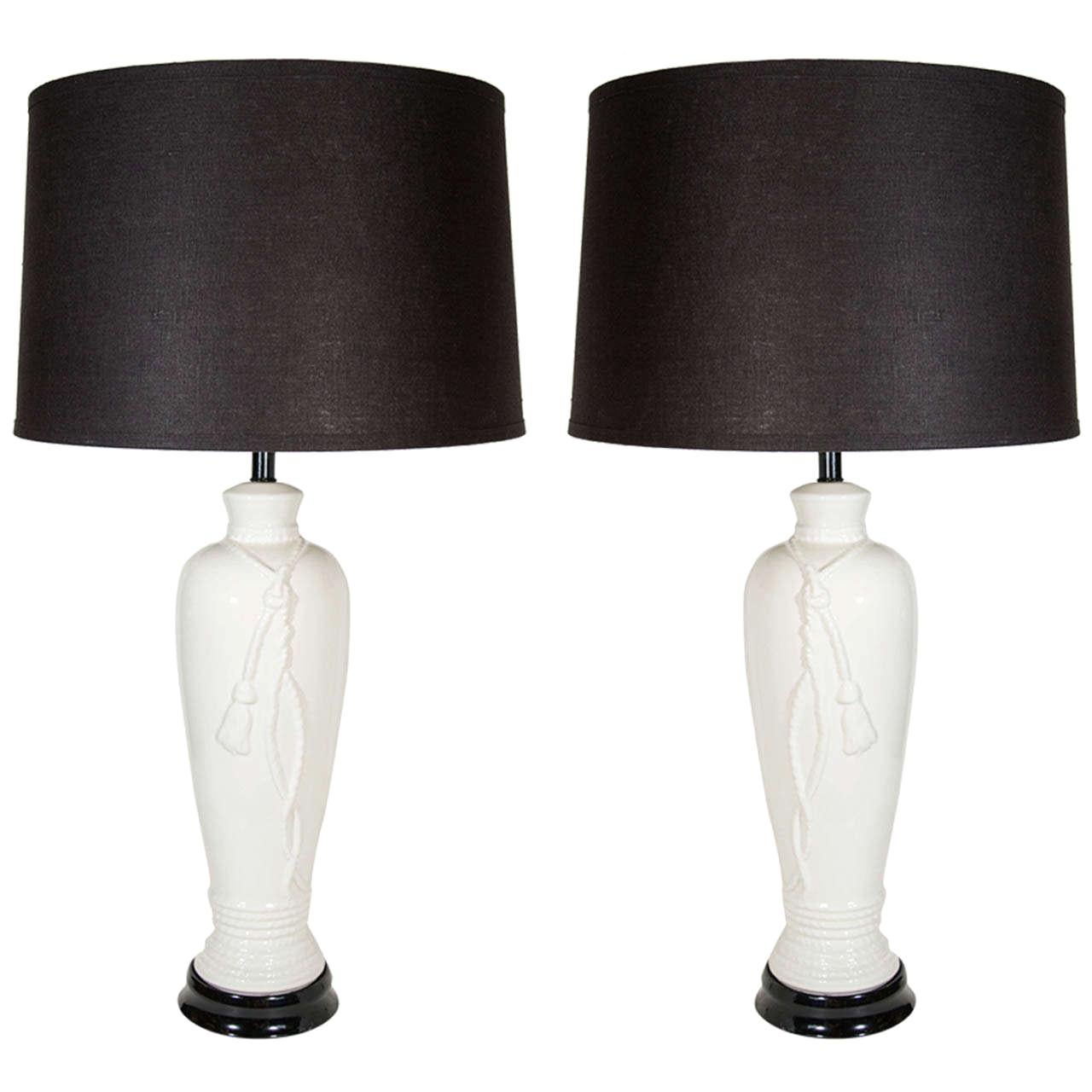 Pair of Mid-Century Modern White Porcelain Lamps with Rope and Tassel, c. 1960's For Sale