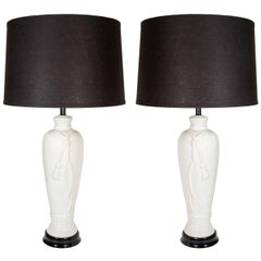 Pair of Hollywood Regency Porcelain Lamps with Rope and Tassel Design