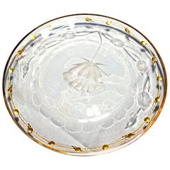 Antique Rare Plates Art Nouveau Hand Blown, Engraved, Gilded Rose 'Paula' by Moser