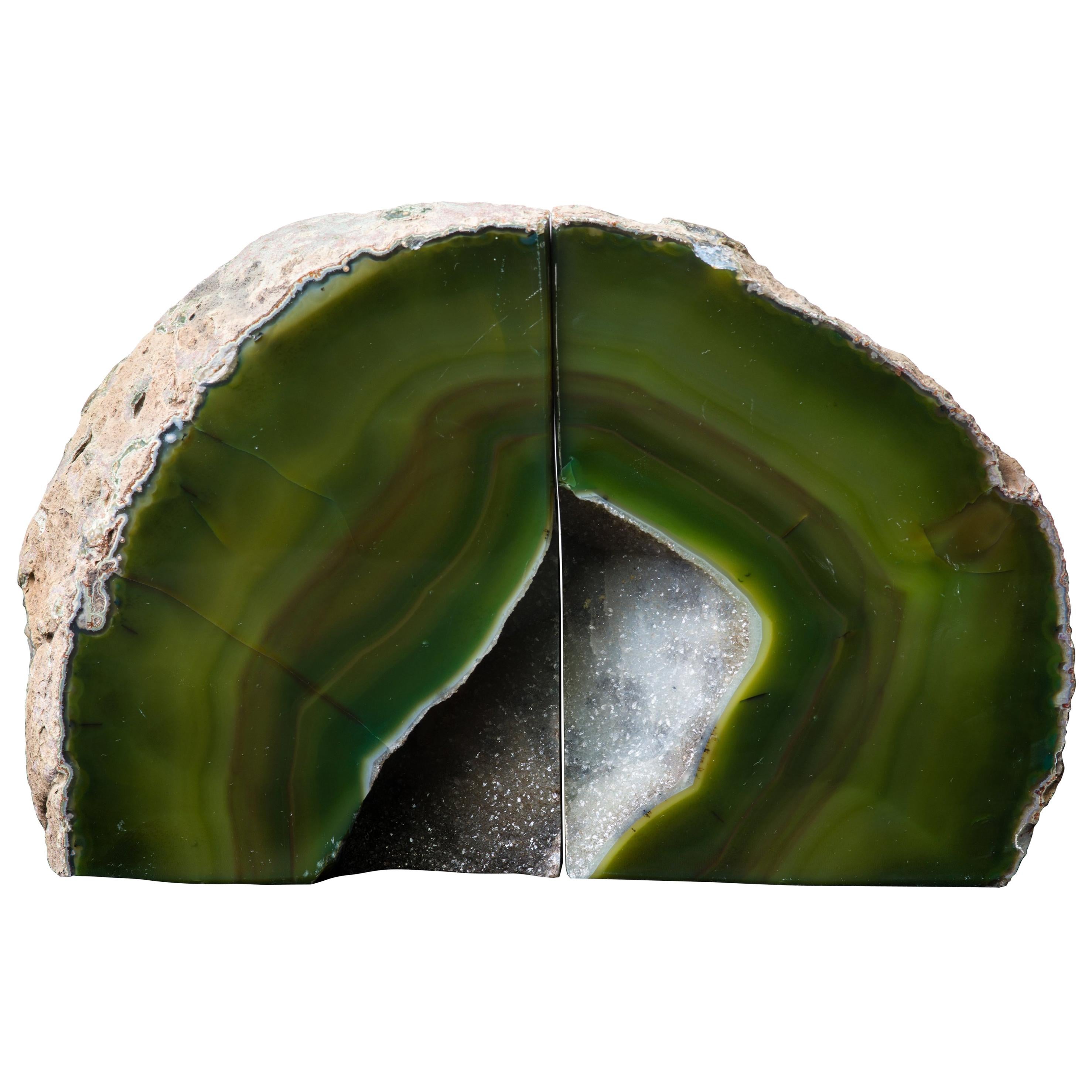 Pair of Organic Modern Agate and Crystal Bookends in Moss Green