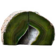 Pair of Organic Modern Agate and Crystal Bookends in Moss Green