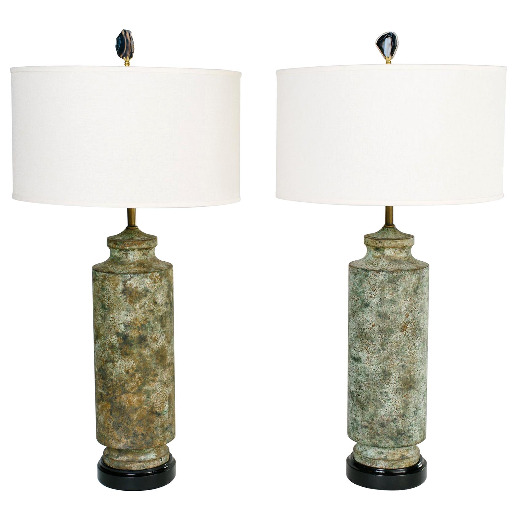 Pair of Mid-Century Modern Brutalist Lamps in Distressed Oxidized Metal