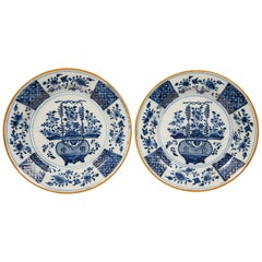 Pair of Blue and White Delft Chargers Showing a Flower Filled Vase circa 1780