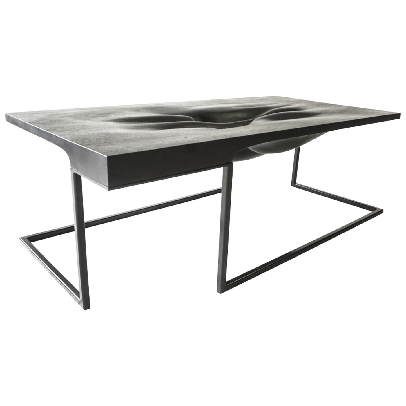 Contemporary Black Coffee Table in Carved Walnut with Metal Base, Vincent Pocsik