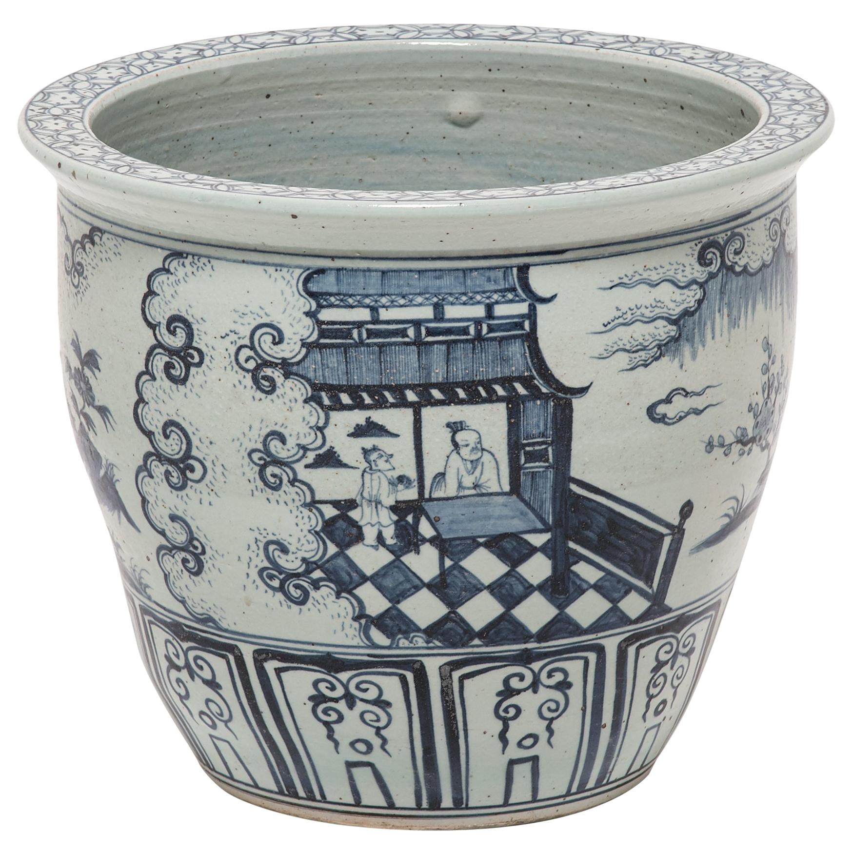 Chinese Indigo Blue and White Scroll Jar