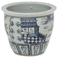 Vintage Chinese Indigo Blue and White Scroll Jar