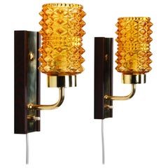 Amber and Rosewood Wall Lamps 'Pair' 1950s Danish Retro Wall Lights