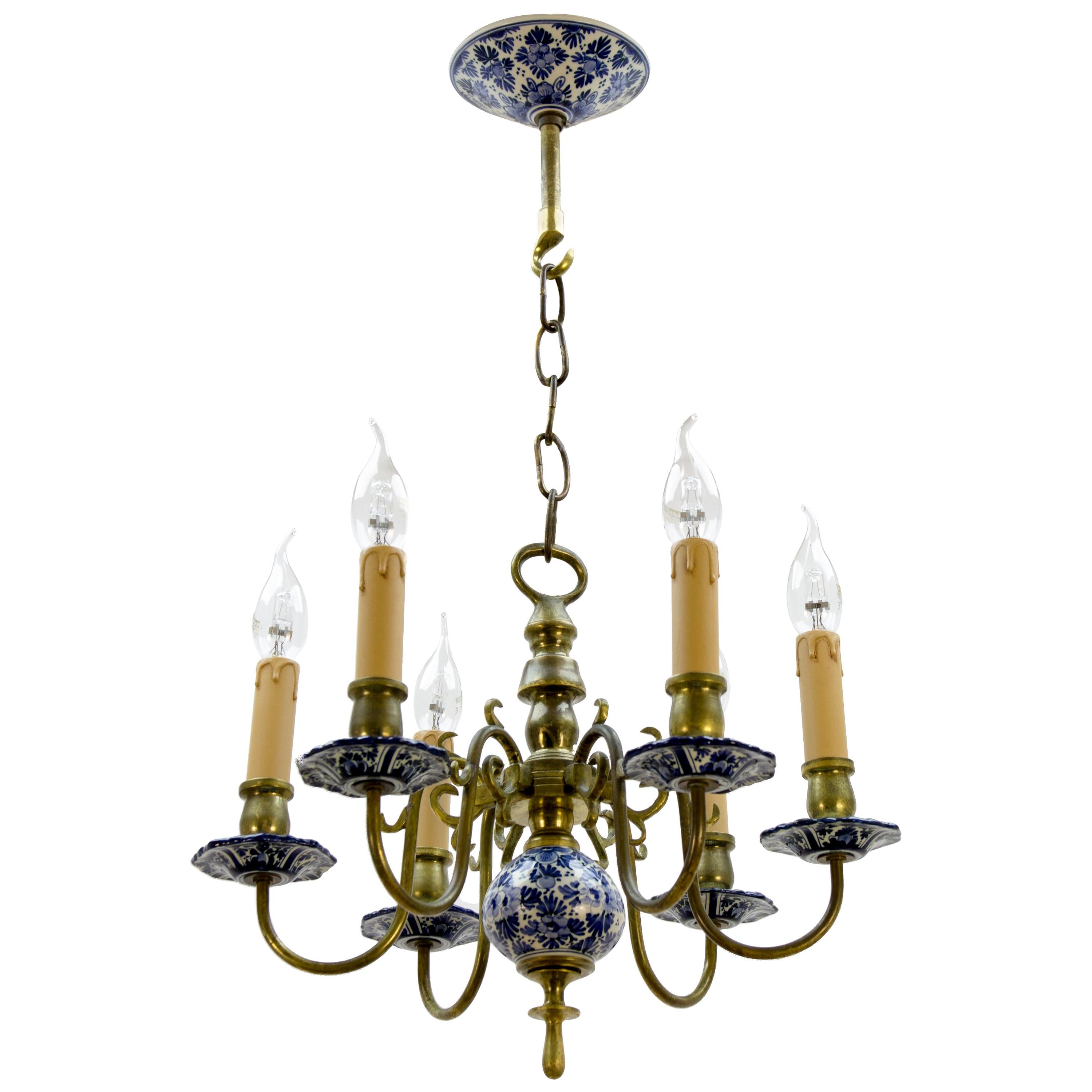 Dutch Brass and Delft Blue Porcelain Six-Light Chandelier