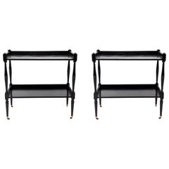 Pair of French Black Painted Tables with Lower Shelf and Turned Legs on Casters