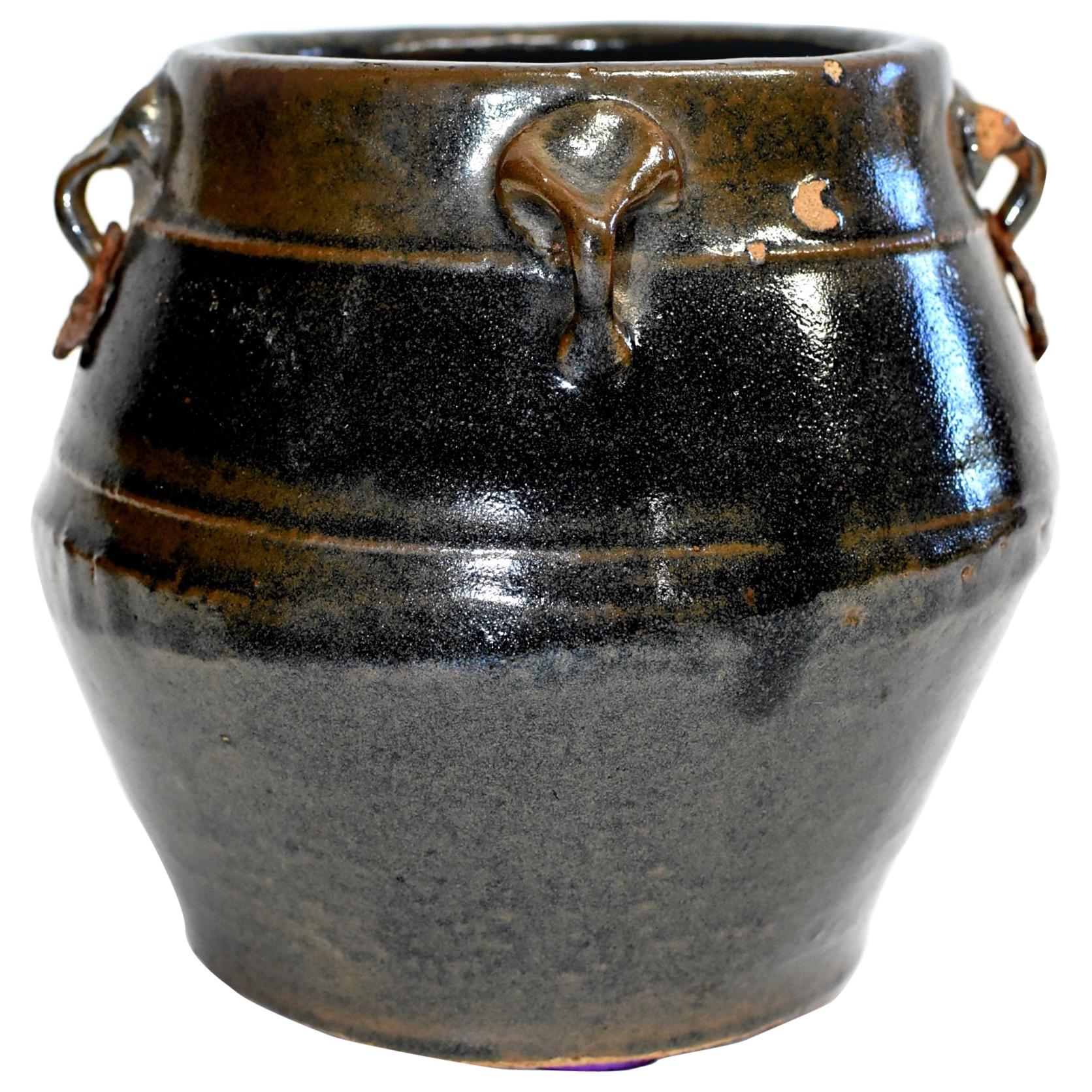 Antique Pottery Jar, 4 Ears Silver Gray Blue