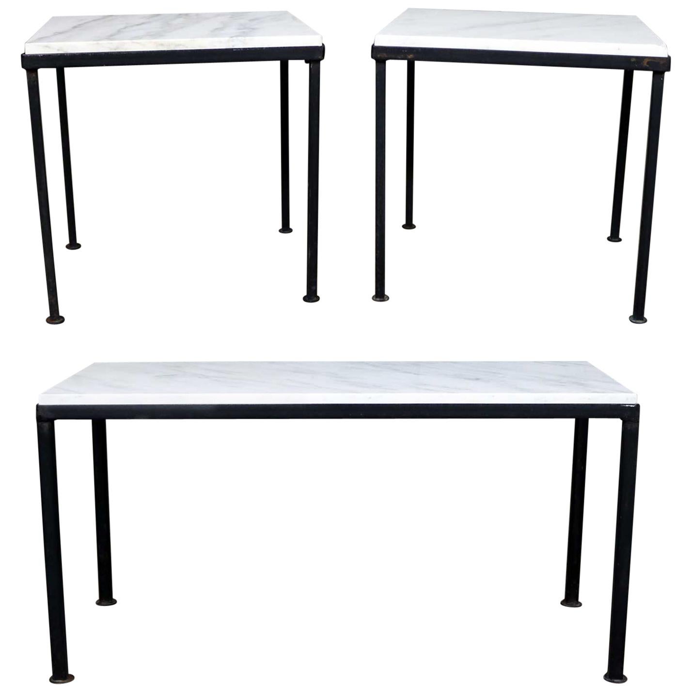 Trio of Small Black Iron Frame White Marble-Topped Tables for Indoors or Out
