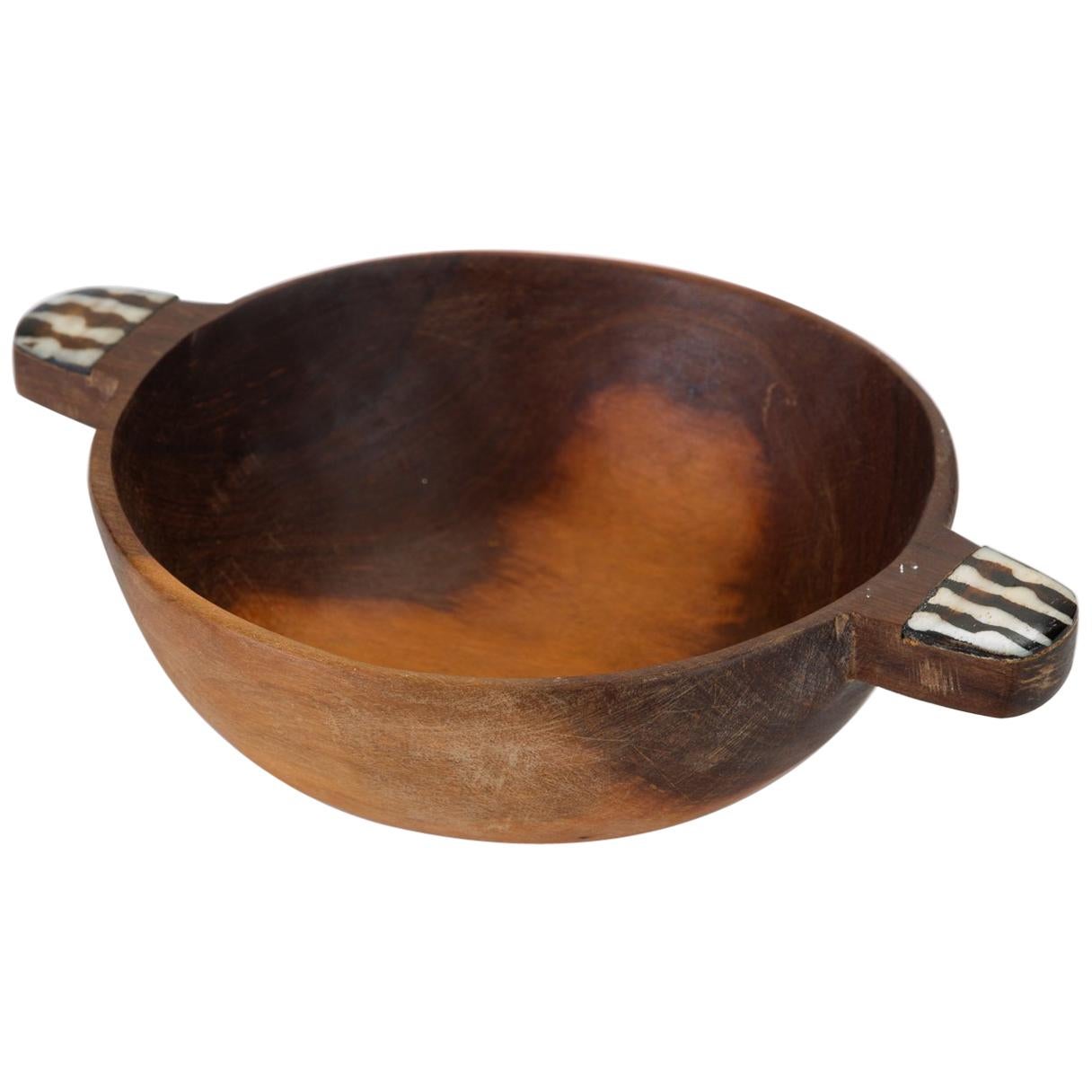 Hand Carved Sandalwood Bowl with Bone Inlay Handles