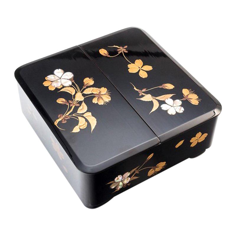 Japanese Black Lacquer Box with Overlaid Mother of Pearl and Gold Maki-E