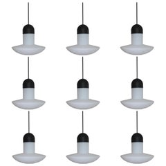 Set of Nine Glashütte Limburg Pendant Lamp, Opal Glass, Germany, 1960s