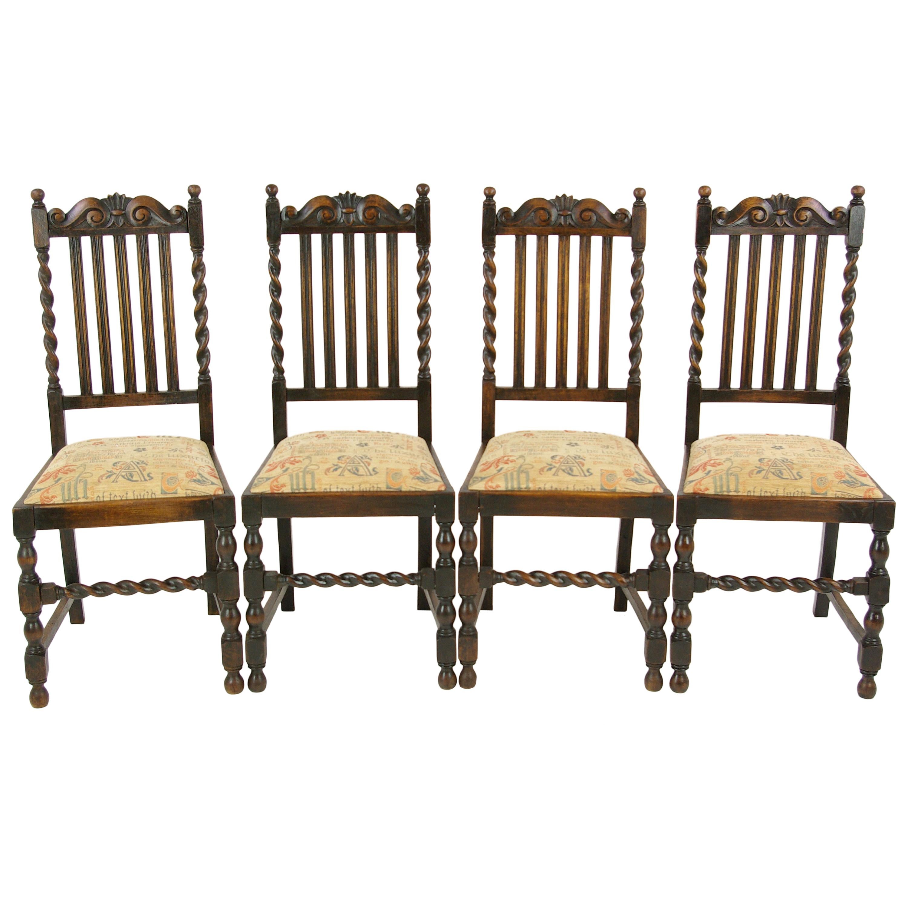 4 Antique Dining Chairs, Barley Twist Oak Dining Chairs, Scotland, 1920s