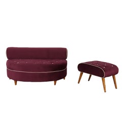 Bench with Stool Velvet Upholstery Vintage, Italy, 1940s